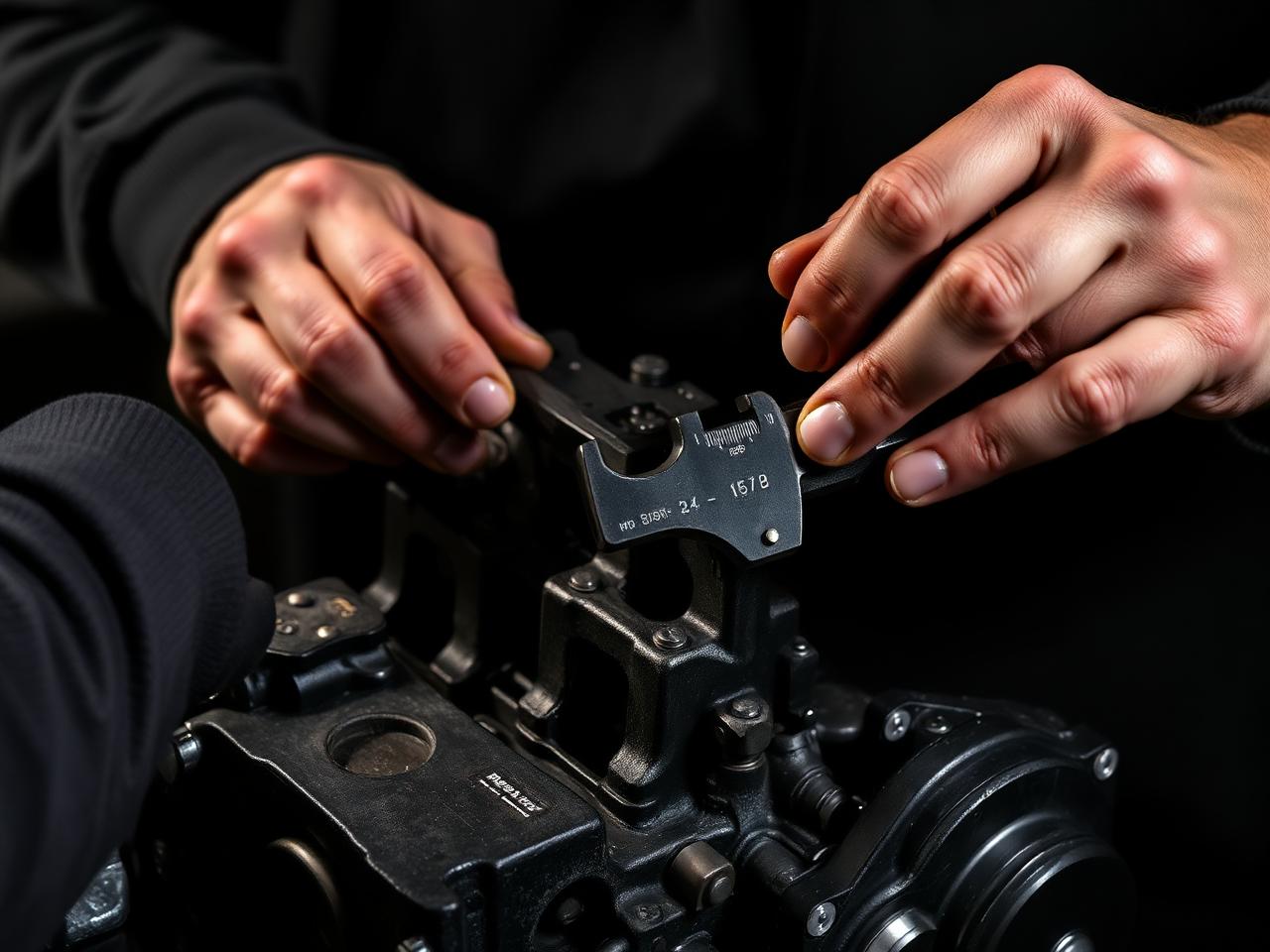 Machinist measuring an engine block with a precision tool